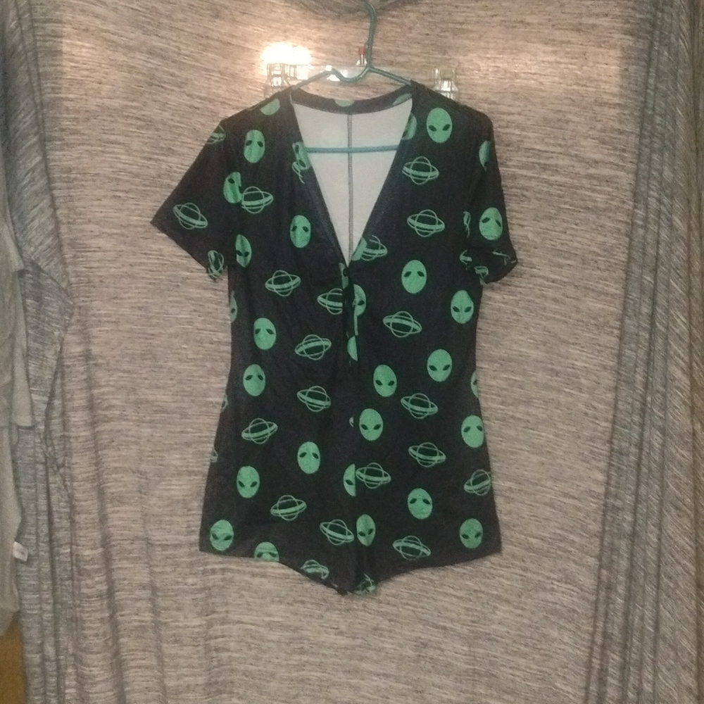 Black and Green Alien Print Romper